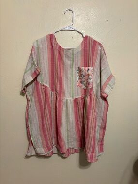 Sage + Fig Pink Stripe Boho Babydoll Top 1X Floral Pocket